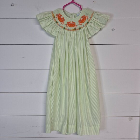 Remember Nguyen Green & White Smocked Dress W/ Orange Crab Embroidery 4T - Picture 1 of 6